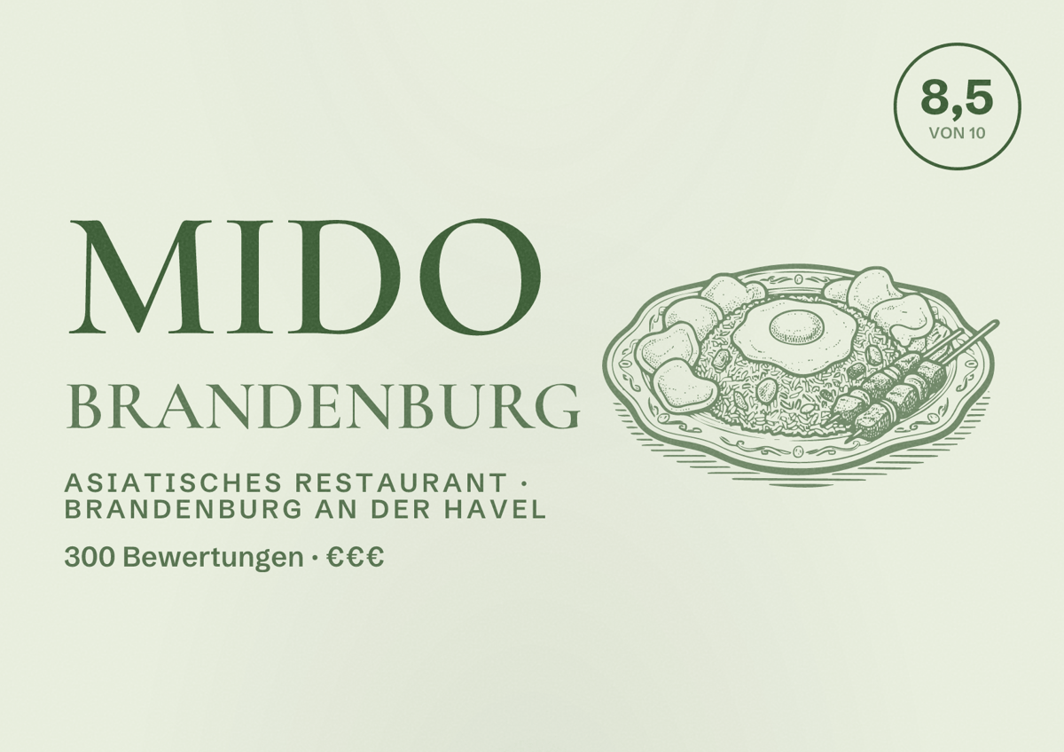 Illustriertes Poster von Mido Brandenburg, Asiatisches Restaurant in Brandenburg an der Havel: Bewertung 8,5 von 10 aus 300 Bewertungen, Preisniveau €€€