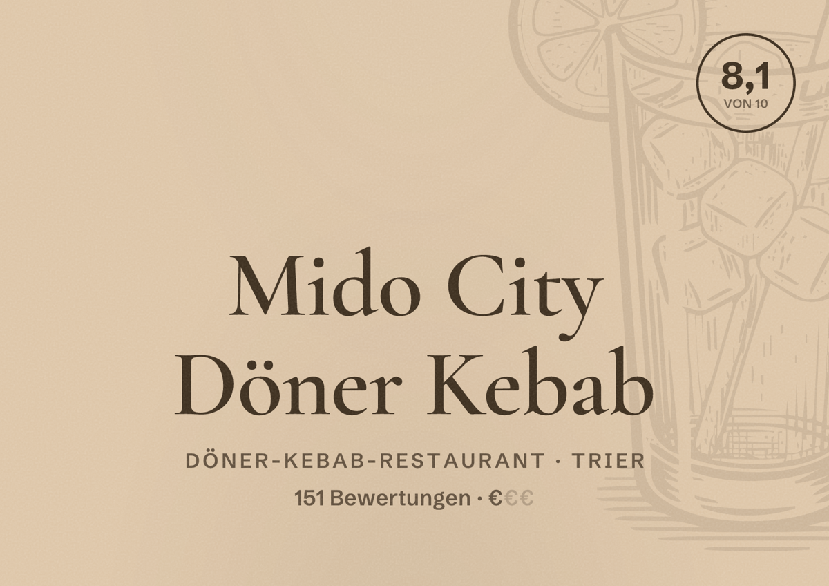 Illustriertes Poster von Mido City Döner Kebab, Döner-Kebab-Restaurant in Trier: Bewertung 8,1 von 10 aus 151 Bewertungen, Preisniveau €