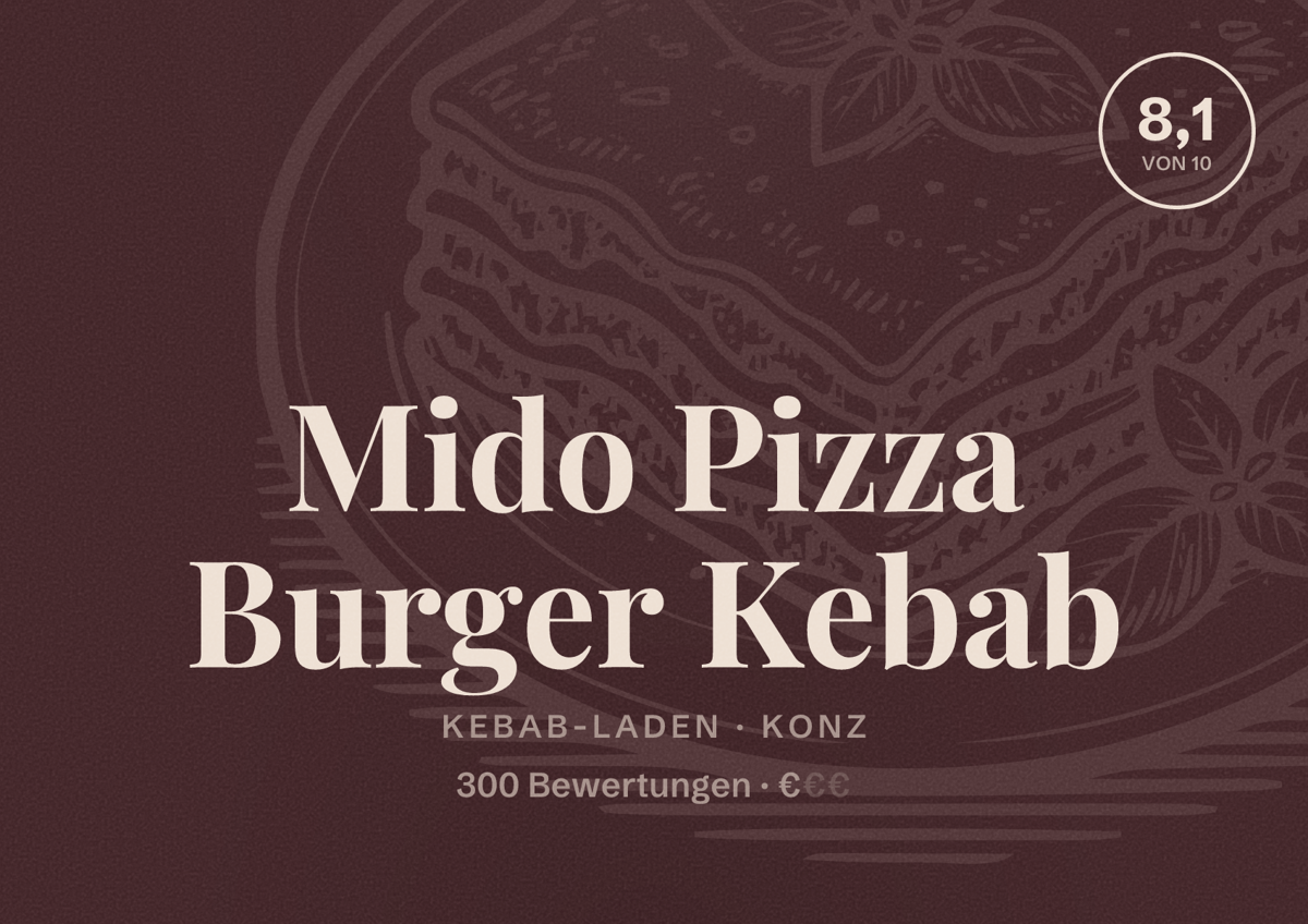 Illustriertes Poster von Mido Pizza Burger Kebab, Kebab-Laden in Konz: Bewertung 8,1 von 10 aus 300 Bewertungen, Preisniveau €