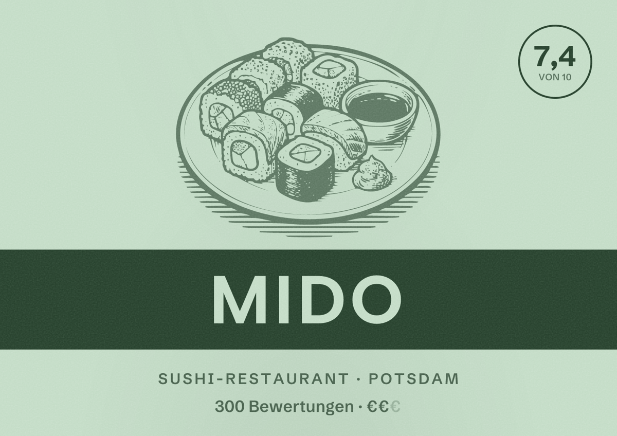 Illustriertes Poster von Mido, Sushi-Restaurant in Potsdam: Bewertung 7,4 von 10 aus 300 Bewertungen, Preisniveau €€