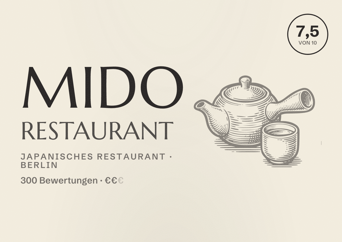 Illustriertes Poster von Mido Restaurant, Japanisches Restaurant in Berlin: Bewertung 7,5 von 10 aus 300 Bewertungen, Preisniveau €€