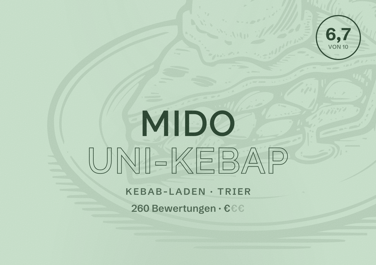 Illustriertes Poster von Mido Uni-Kebap, Kebab-Laden in Trier: Bewertung 6,7 von 10 aus 260 Bewertungen, Preisniveau €