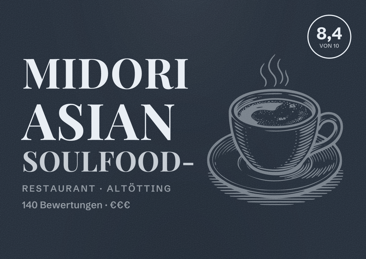 Illustriertes Poster von Midori Asian Soulfood-, Restaurant in Altötting: Bewertung 8,4 von 10 aus 140 Bewertungen, Preisniveau €€€