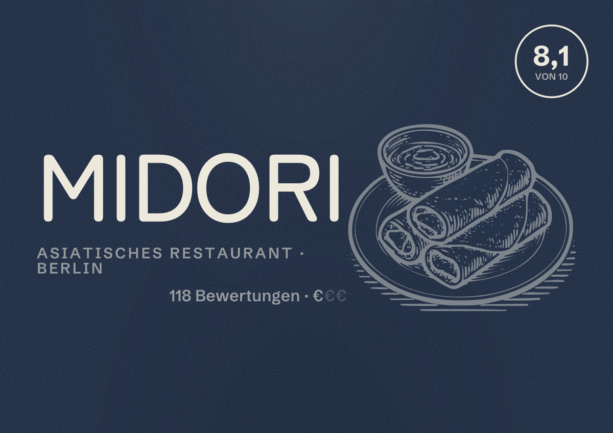 Illustriertes Poster von MIDORI, Asiatisches Restaurant in Berlin: Bewertung 8,1 von 10 aus 118 Bewertungen, Preisniveau €