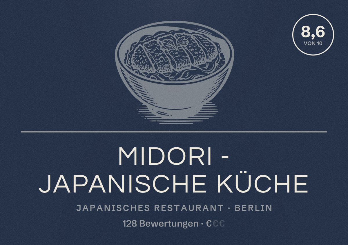 Illustriertes Poster von Midori - Japanische Küche, Japanisches Restaurant in Berlin: Bewertung 8,6 von 10 aus 128 Bewertungen, Preisniveau €