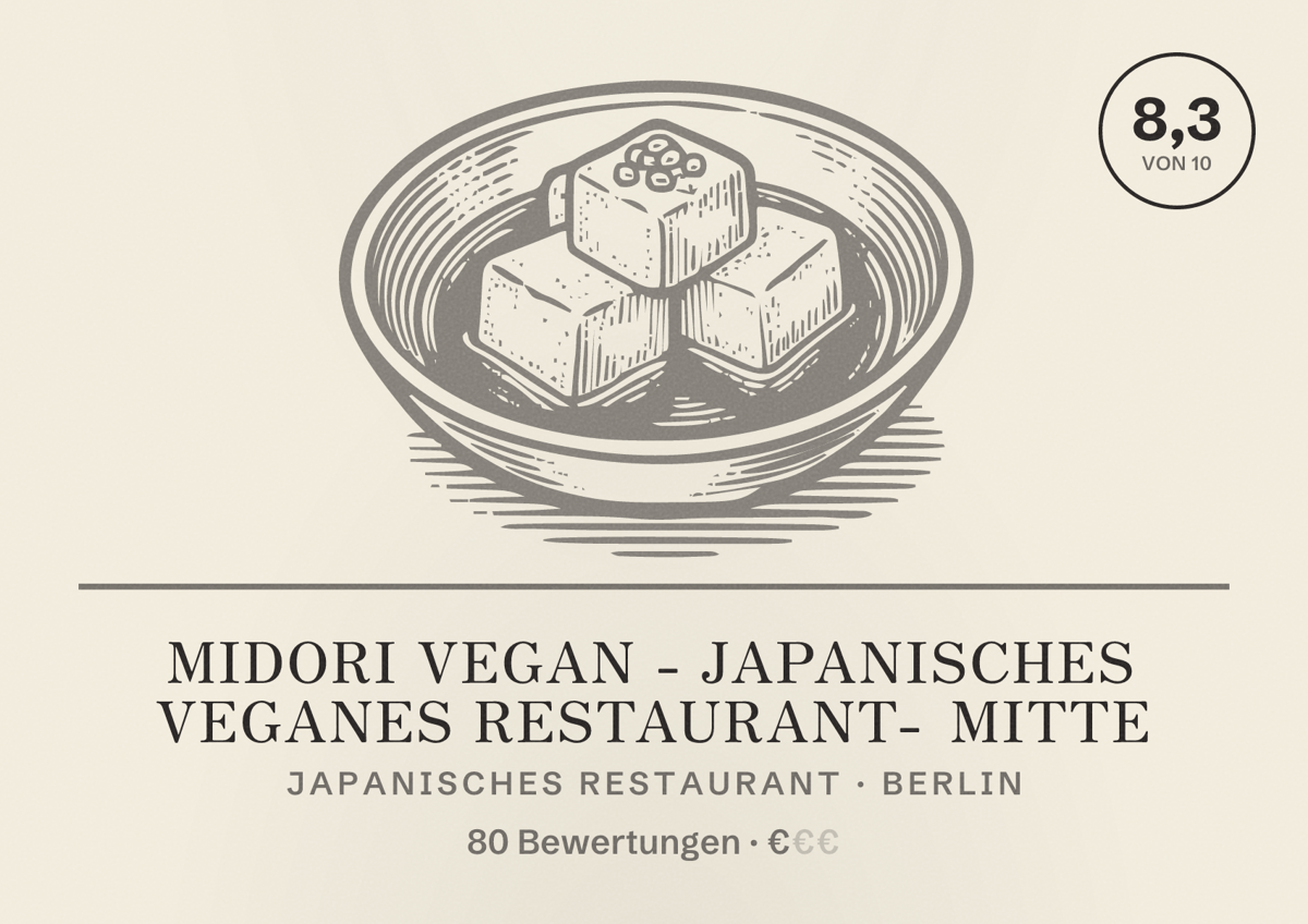 Illustriertes Poster von Midori Vegan - Japanisches veganes Restaurant- Mitte, Japanisches Restaurant in Berlin: Bewertung 8,3 von 10 aus 80 Bewertungen, Preisniveau €