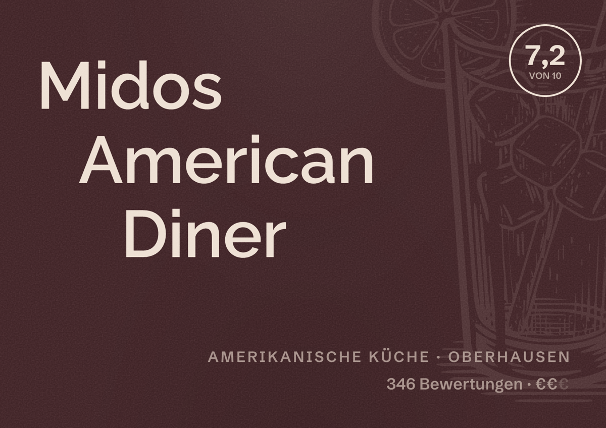 Illustriertes Poster von Midos American Diner, Amerikanische Küche in Oberhausen: Bewertung 7,2 von 10 aus 346 Bewertungen, Preisniveau €€