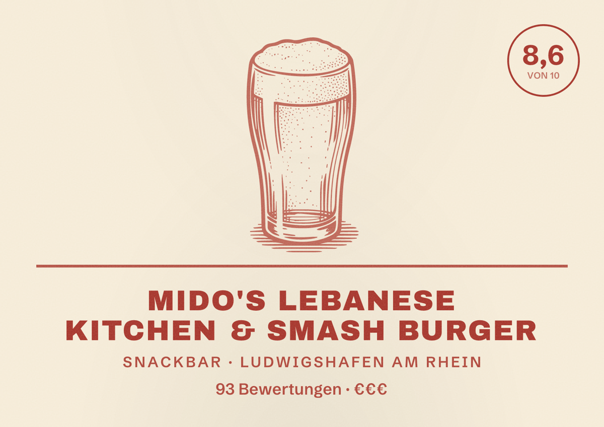 Illustriertes Poster von MIDO'S LEBANESE KITCHEN & SMASH BURGER, Snackbar in Ludwigshafen am Rhein: Bewertung 8,6 von 10 aus 93 Bewertungen, Preisniveau €€€