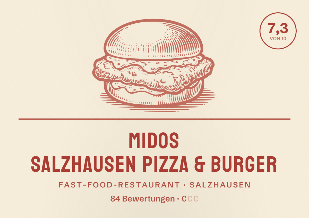Illustriertes Poster von Midos Salzhausen Pizza & Burger, Fast-Food-Restaurant in Salzhausen: Bewertung 7,3 von 10 aus 84 Bewertungen, Preisniveau €