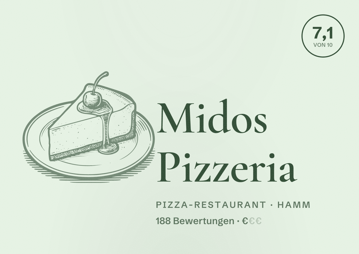 Illustriertes Poster von Midos Pizzeria, Pizza-Restaurant in Hamm: Bewertung 7,1 von 10 aus 188 Bewertungen, Preisniveau €