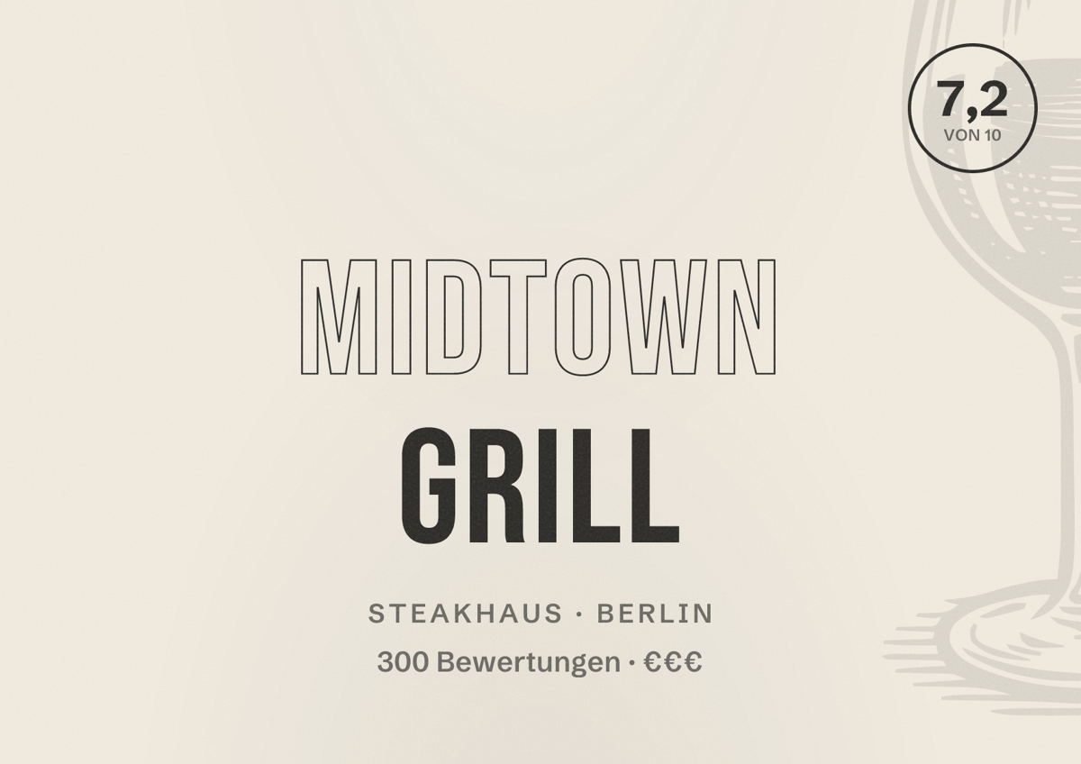 Illustriertes Poster von Midtown Grill, Steakhaus in Berlin: Bewertung 7,2 von 10 aus 300 Bewertungen, Preisniveau €€€