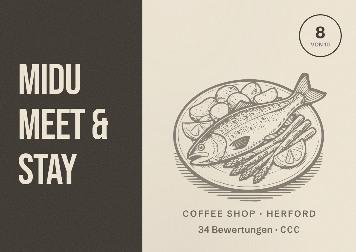 Illustriertes Poster von Midu Meet & Stay, Coffee Shop in Herford: Bewertung 8 von 10 aus 34 Bewertungen, Preisniveau €€€