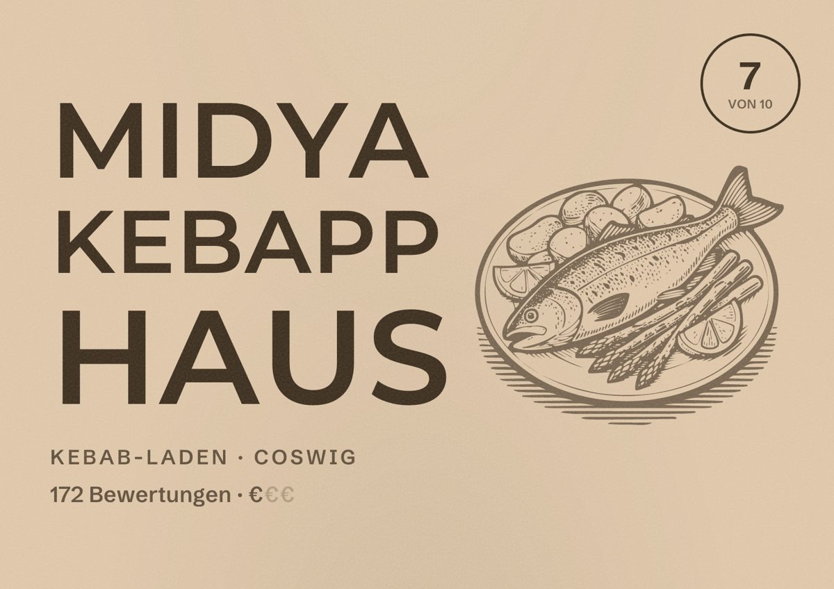 Illustriertes Poster von Midya Kebapp Haus, Kebab-Laden in Coswig: Bewertung 7 von 10 aus 172 Bewertungen, Preisniveau €