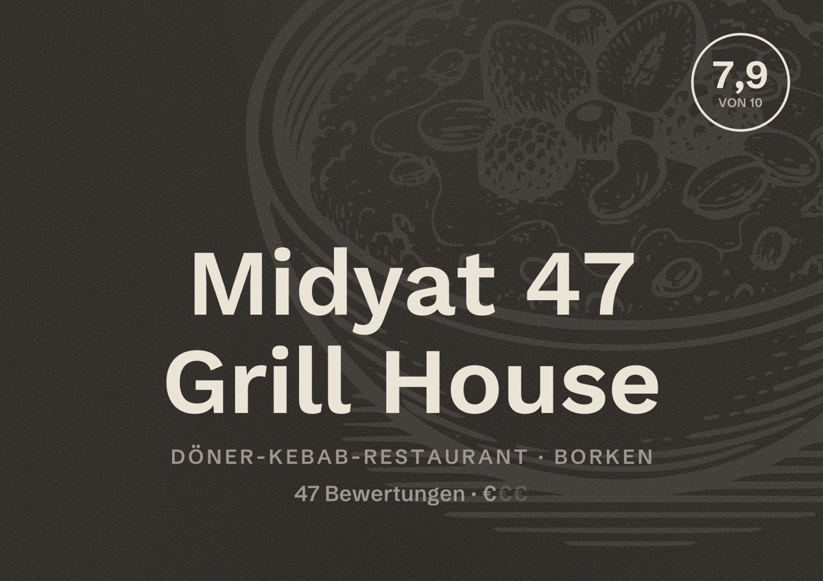 Illustriertes Poster von Midyat 47 Grill House, Döner-Kebab-Restaurant in Borken: Bewertung 7,9 von 10 aus 47 Bewertungen, Preisniveau €