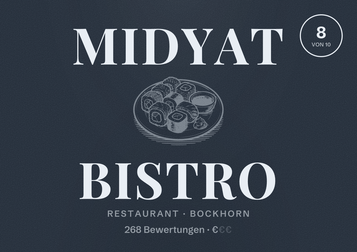 Illustriertes Poster von Midyat Bistro, Restaurant in Bockhorn: Bewertung 8 von 10 aus 268 Bewertungen, Preisniveau €