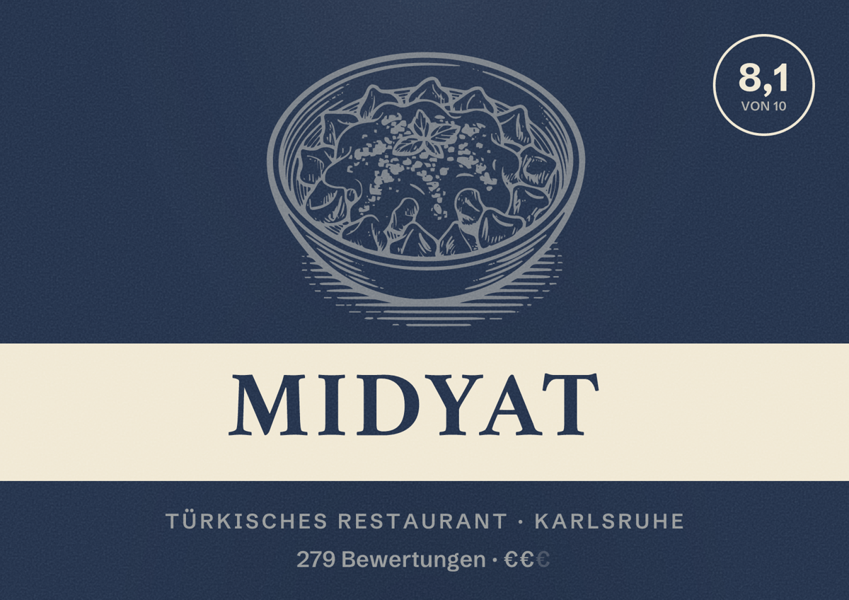 Illustriertes Poster von Midyat, Türkisches Restaurant in Karlsruhe: Bewertung 8,1 von 10 aus 279 Bewertungen, Preisniveau €€