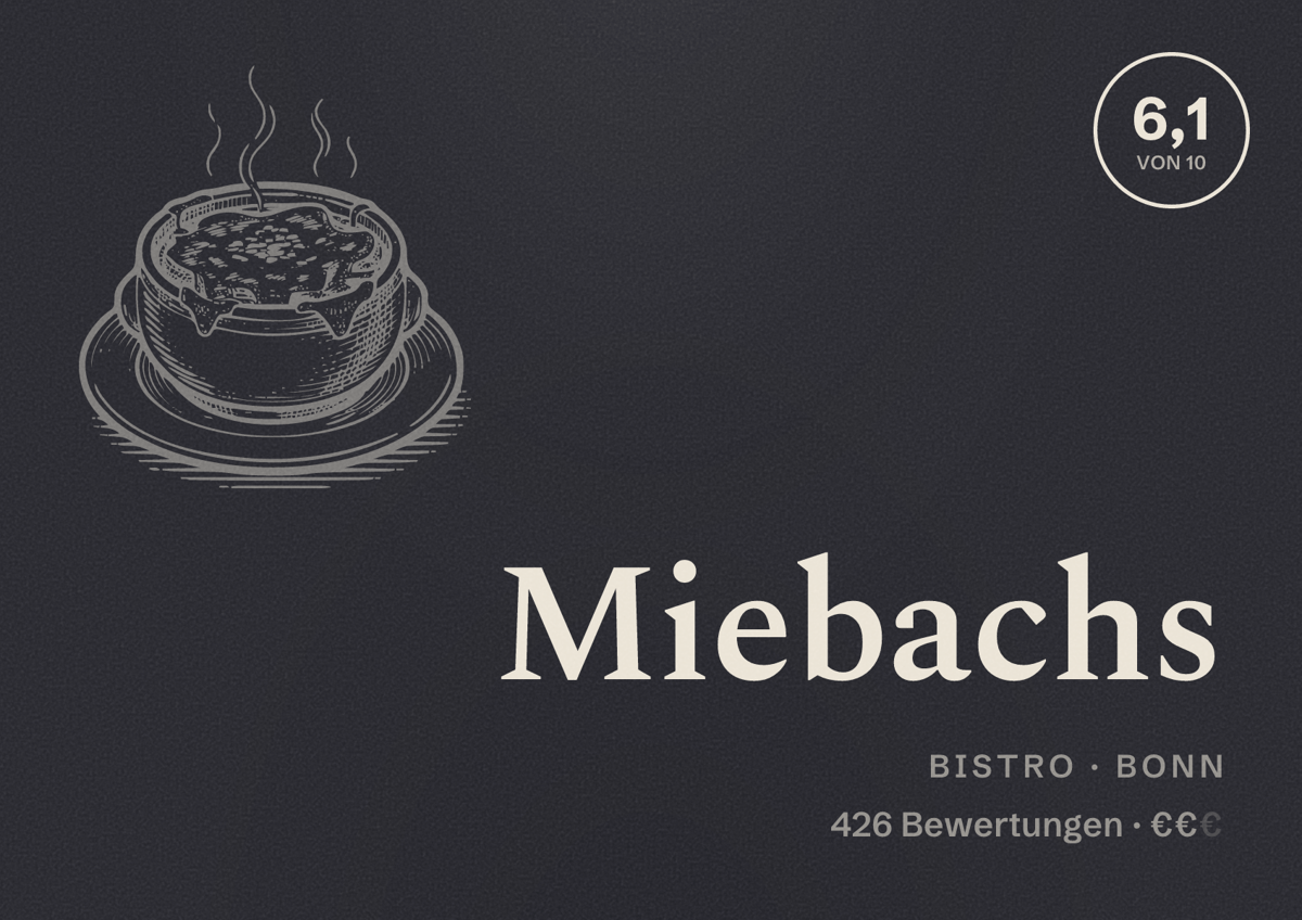 Illustriertes Poster von Miebachs, Bistro in Bonn: Bewertung 6,1 von 10 aus 426 Bewertungen, Preisniveau €€