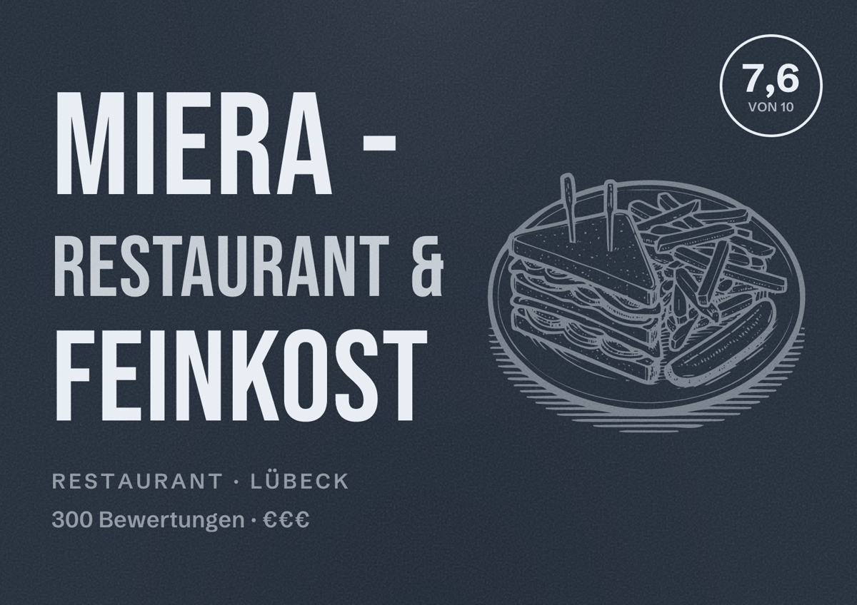 Illustriertes Poster von Miera - Restaurant & Feinkost, Restaurant in Lübeck: Bewertung 7,6 von 10 aus 300 Bewertungen, Preisniveau €€€