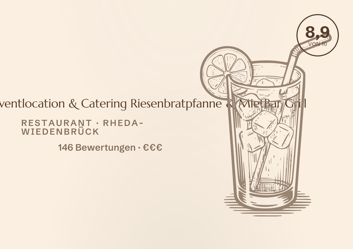 Illustriertes Poster von MietBar Lintel Eventlocation & Catering Riesenbratpfanne & MietBar Grill, Restaurant in Rheda-Wiedenbrück: Bewertung 8,9 von 10 aus 146 Bewertungen, Preisniveau €€€