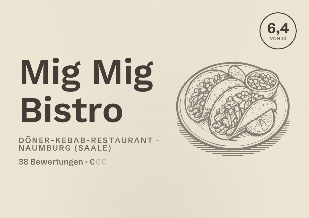Illustriertes Poster von Mig Mig Bistro, Döner-Kebab-Restaurant in Naumburg (Saale): Bewertung 6,4 von 10 aus 38 Bewertungen, Preisniveau €