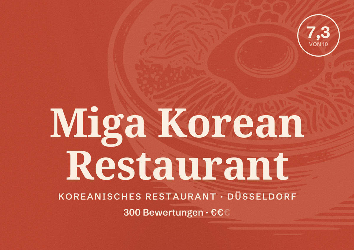 Illustriertes Poster von Miga Korean Restaurant, Koreanisches Restaurant in Düsseldorf: Bewertung 7,3 von 10 aus 300 Bewertungen, Preisniveau €€