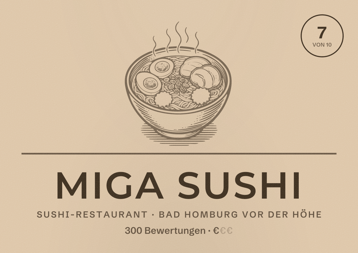 Illustriertes Poster von Miga Sushi, Sushi-Restaurant in Bad Homburg vor der Höhe: Bewertung 7 von 10 aus 300 Bewertungen, Preisniveau €