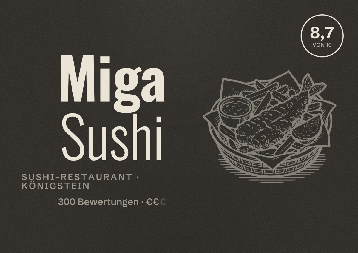 Illustriertes Poster von Miga Sushi, Sushi-Restaurant in Königstein: Bewertung 8,7 von 10 aus 300 Bewertungen, Preisniveau €€