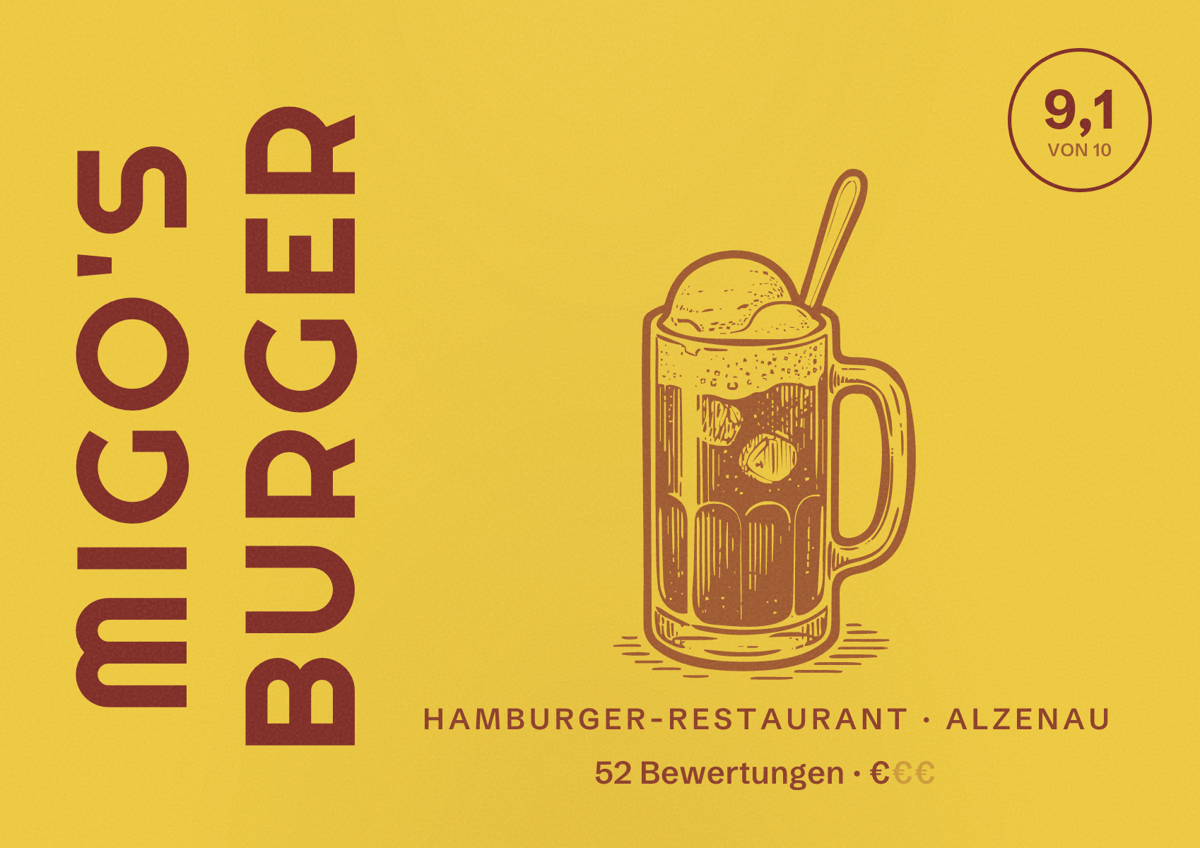 Illustriertes Poster von Migo's Burger, Hamburger-Restaurant in Alzenau: Bewertung 9,1 von 10 aus 52 Bewertungen, Preisniveau €