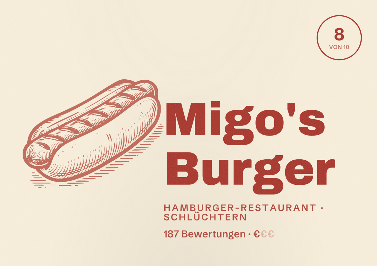 Illustriertes Poster von Migo's Burger, Hamburger-Restaurant in Schlüchtern: Bewertung 8 von 10 aus 187 Bewertungen, Preisniveau €