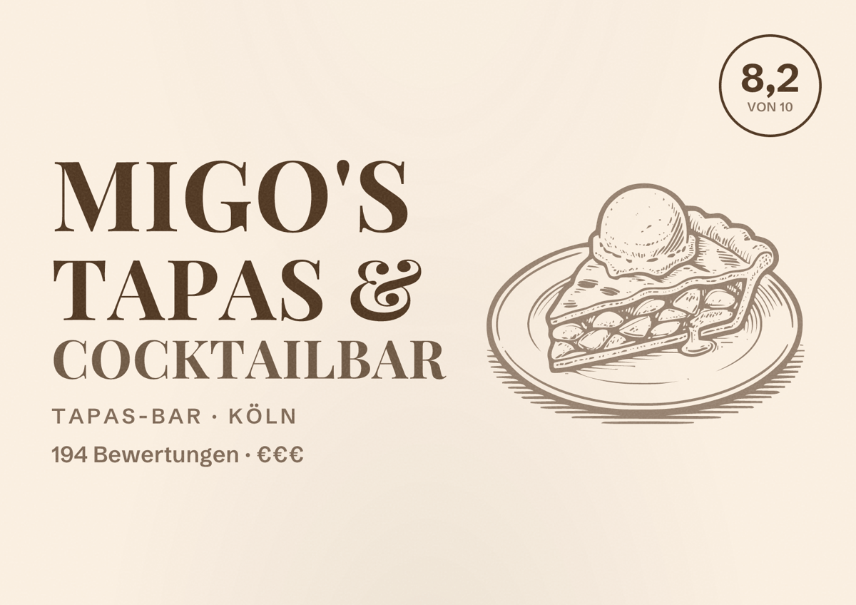 Illustriertes Poster von MIGO'S Tapas & Cocktailbar, Tapas-Bar in Köln: Bewertung 8,2 von 10 aus 194 Bewertungen, Preisniveau €€€
