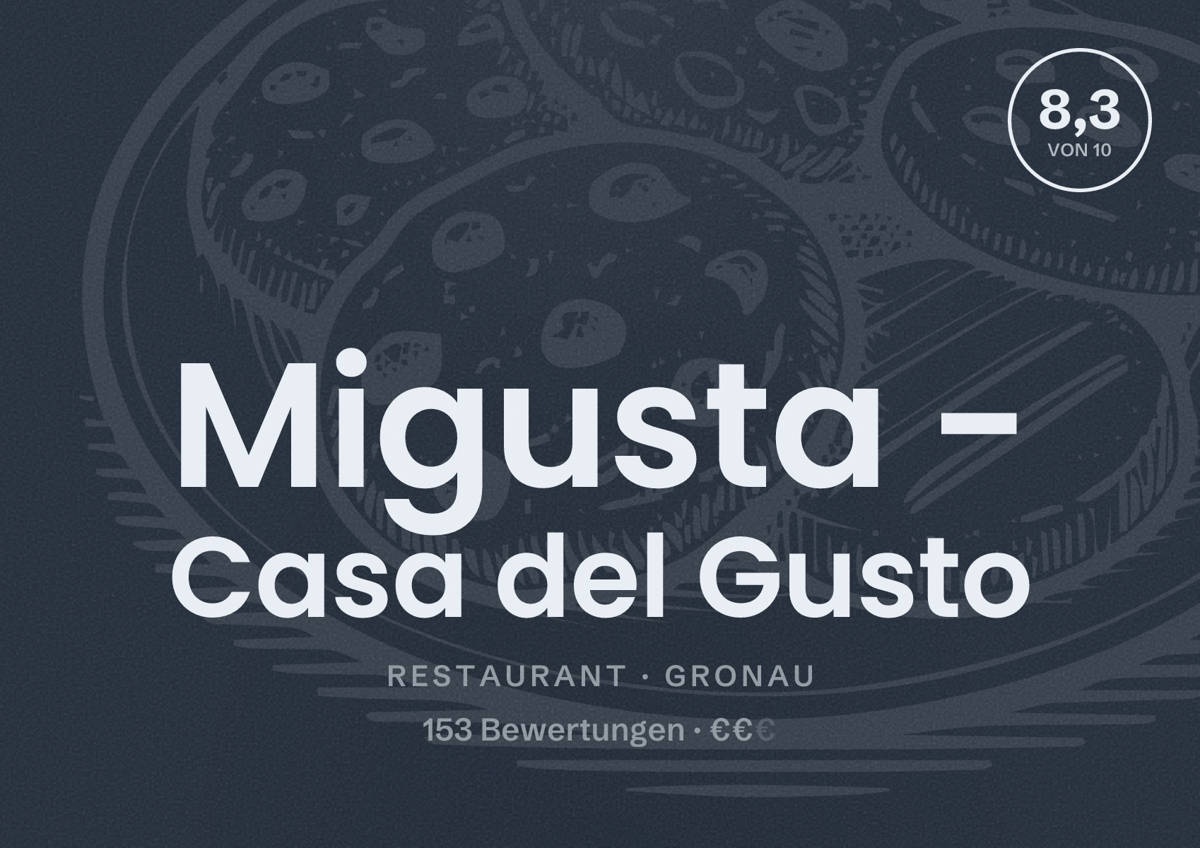 Illustriertes Poster von Migusta - Casa del Gusto, Restaurant in Gronau: Bewertung 8,3 von 10 aus 153 Bewertungen, Preisniveau €€