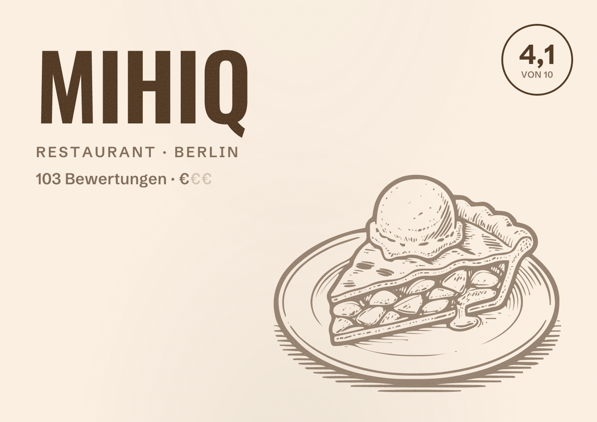 Illustriertes Poster von MIHIQ, Restaurant in Berlin: Bewertung 4,1 von 10 aus 103 Bewertungen, Preisniveau €