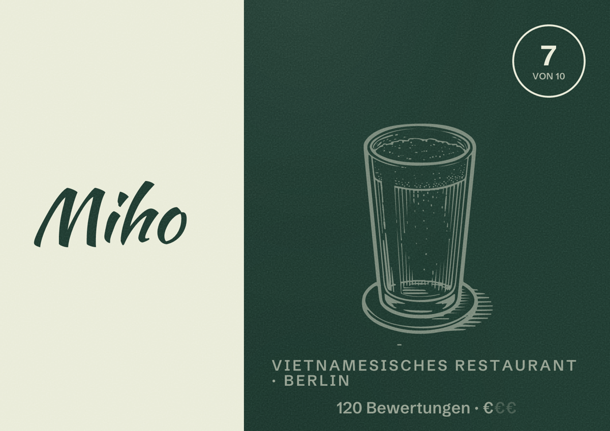 Illustriertes Poster von Miho, Vietnamesisches Restaurant in Berlin: Bewertung 7 von 10 aus 120 Bewertungen, Preisniveau €