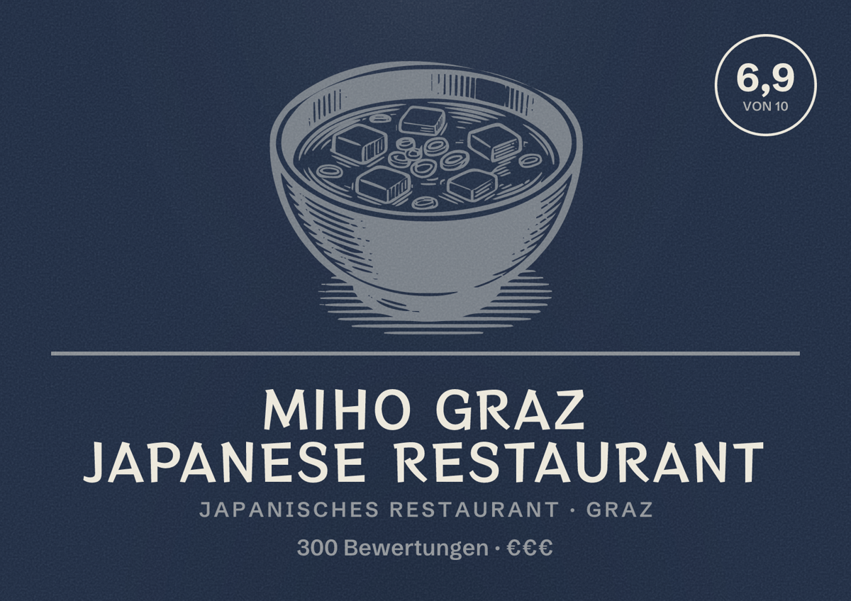 Illustriertes Poster von Miho Graz Japanese Restaurant, Japanisches Restaurant in Graz: Bewertung 6,9 von 10 aus 300 Bewertungen, Preisniveau €€€