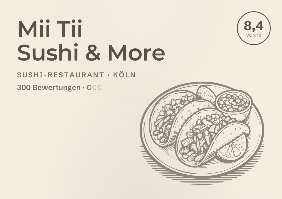 Illustriertes Poster von Mii Tii Sushi & More, Sushi-Restaurant in Köln: Bewertung 8,4 von 10 aus 300 Bewertungen, Preisniveau €