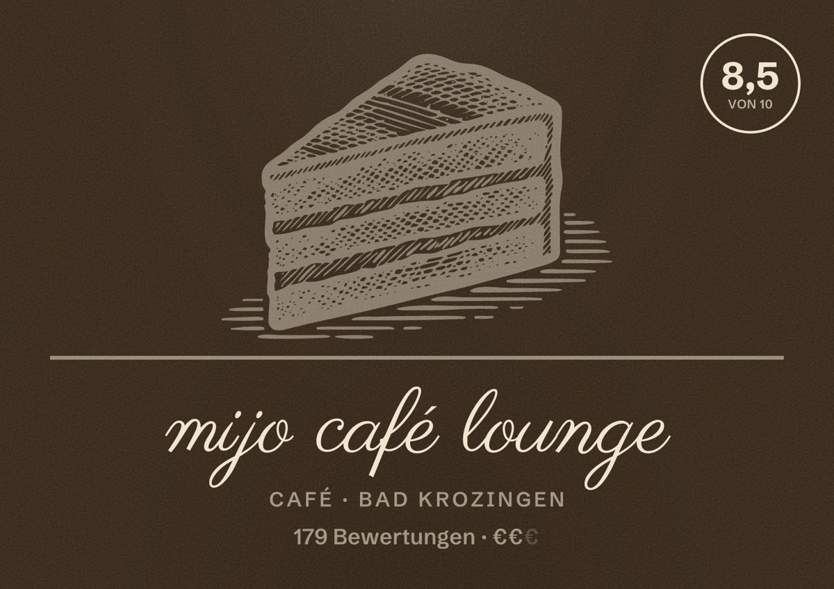 Illustriertes Poster von mijo café lounge, Café in Bad Krozingen: Bewertung 8,5 von 10 aus 179 Bewertungen, Preisniveau €€