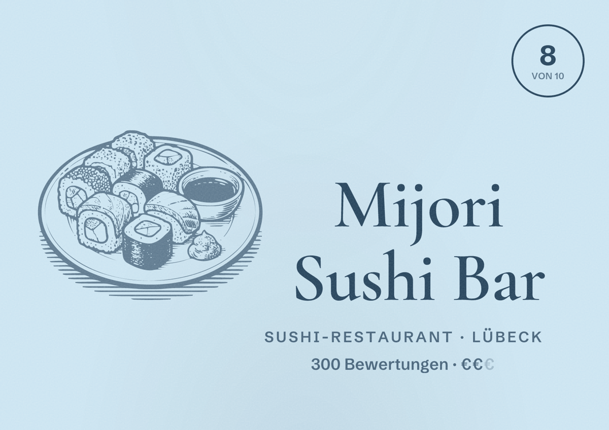 Illustriertes Poster von Mijori Sushi Bar, Sushi-Restaurant in Lübeck: Bewertung 8 von 10 aus 300 Bewertungen, Preisniveau €€