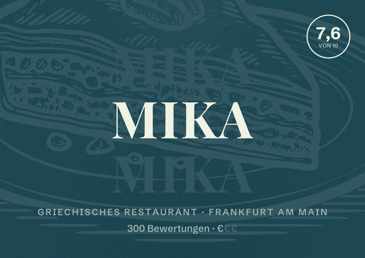 Illustriertes Poster von Mika, Griechisches Restaurant in Frankfurt am Main: Bewertung 7,6 von 10 aus 300 Bewertungen, Preisniveau €