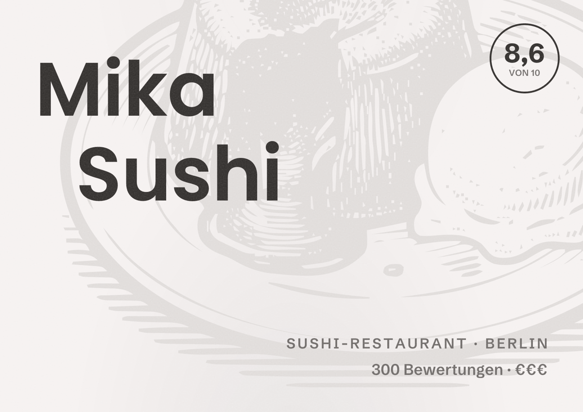 Illustriertes Poster von Mika Sushi, Sushi-Restaurant in Berlin: Bewertung 8,6 von 10 aus 300 Bewertungen, Preisniveau €€€