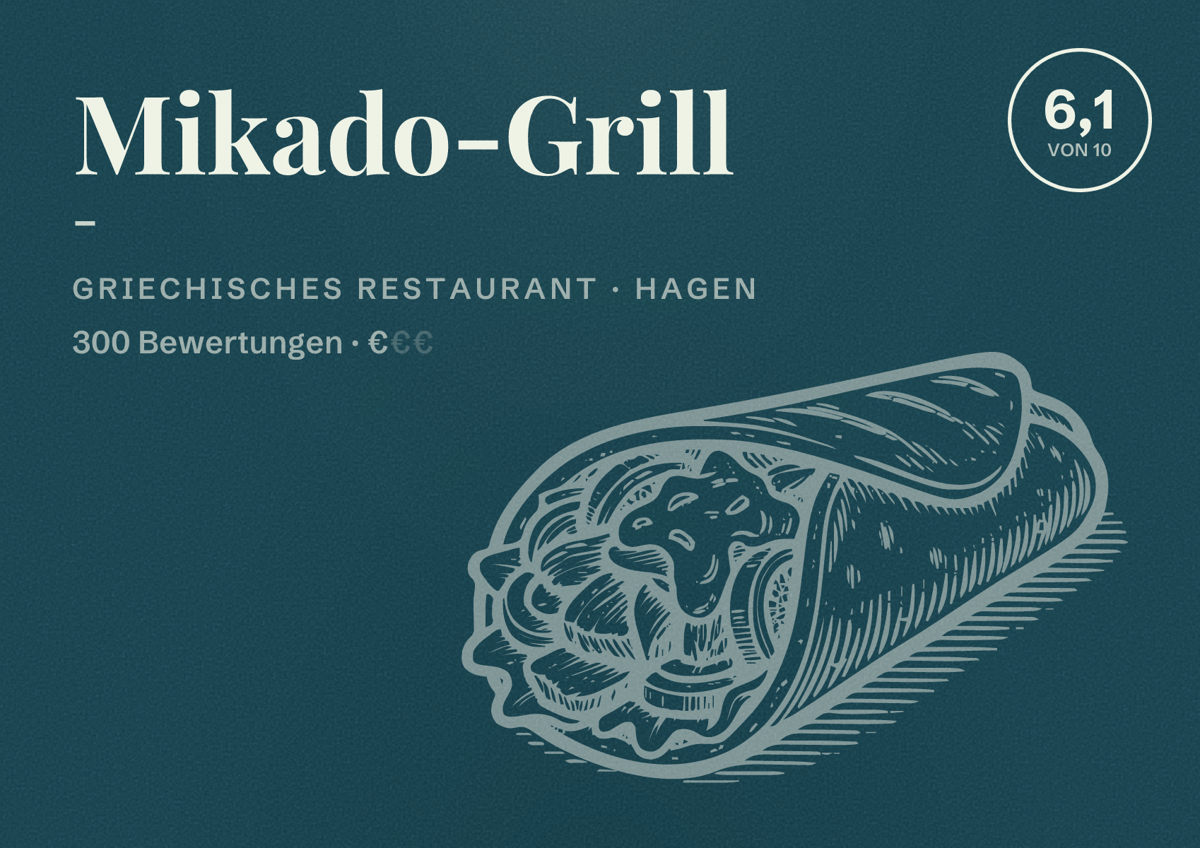 Illustriertes Poster von Mikado-Grill -, Griechisches Restaurant in Hagen: Bewertung 6,1 von 10 aus 300 Bewertungen, Preisniveau €