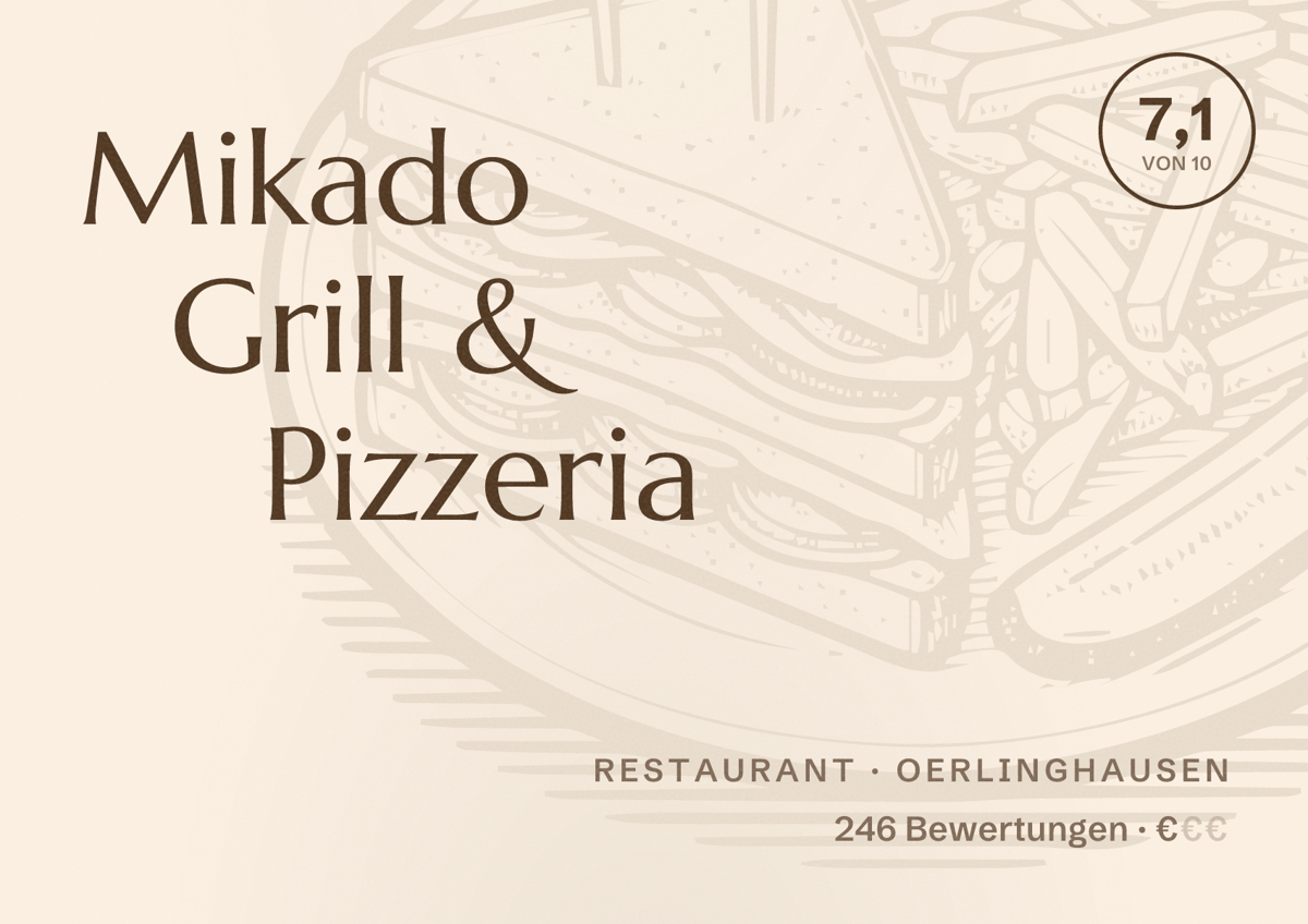 Illustriertes Poster von Mikado Grill & Pizzeria, Restaurant in Oerlinghausen: Bewertung 7,1 von 10 aus 246 Bewertungen, Preisniveau €