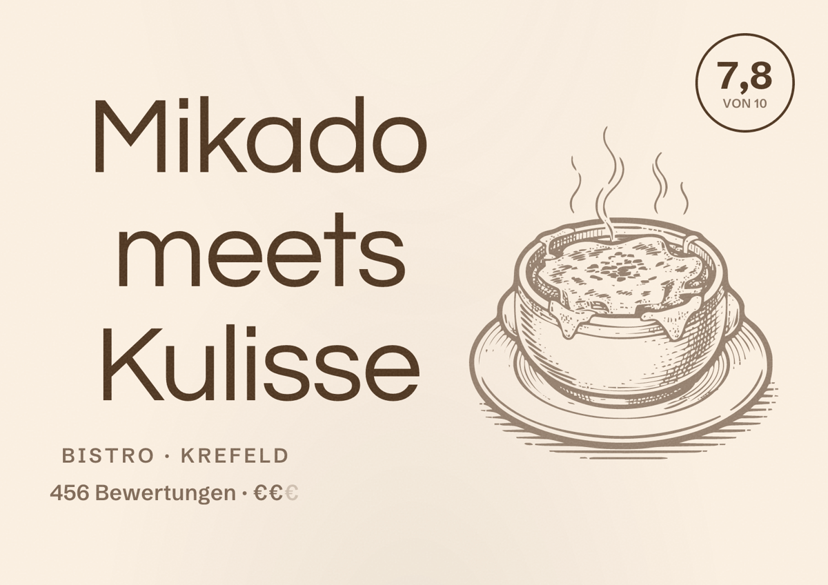 Illustriertes Poster von Mikado meets Kulisse, Bistro in Krefeld: Bewertung 7,8 von 10 aus 456 Bewertungen, Preisniveau €€