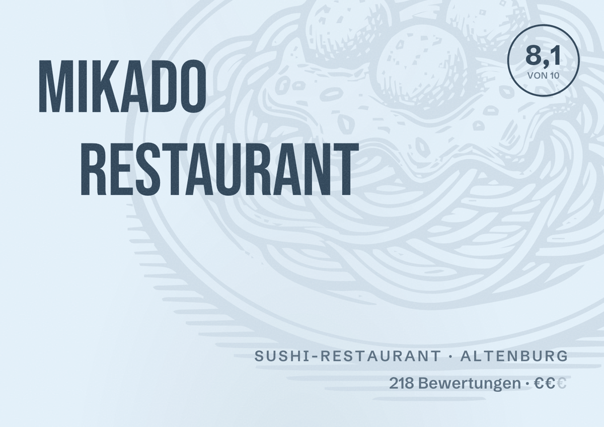 Illustriertes Poster von Mikado Restaurant, Sushi-Restaurant in Altenburg: Bewertung 8,1 von 10 aus 218 Bewertungen, Preisniveau €€