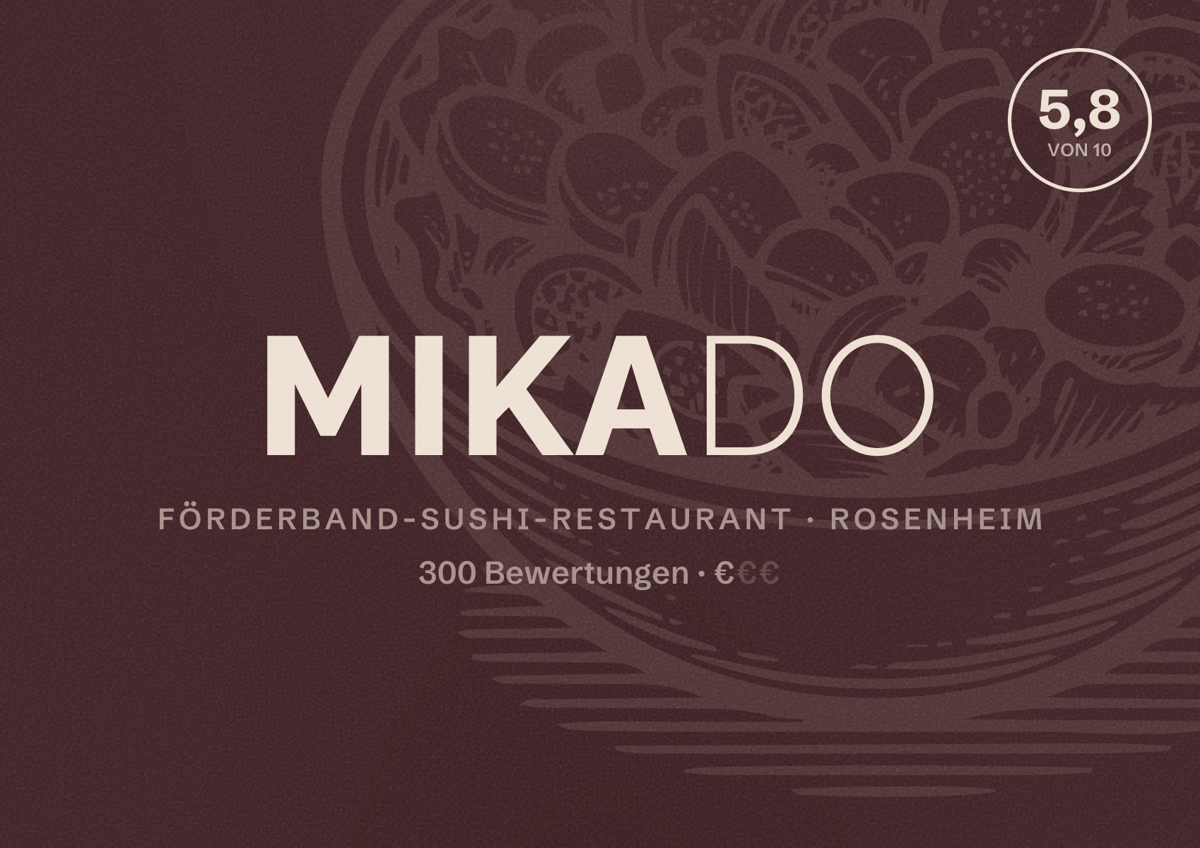 Illustriertes Poster von Mikado, Förderband-Sushi-Restaurant in Rosenheim: Bewertung 5,8 von 10 aus 300 Bewertungen, Preisniveau €