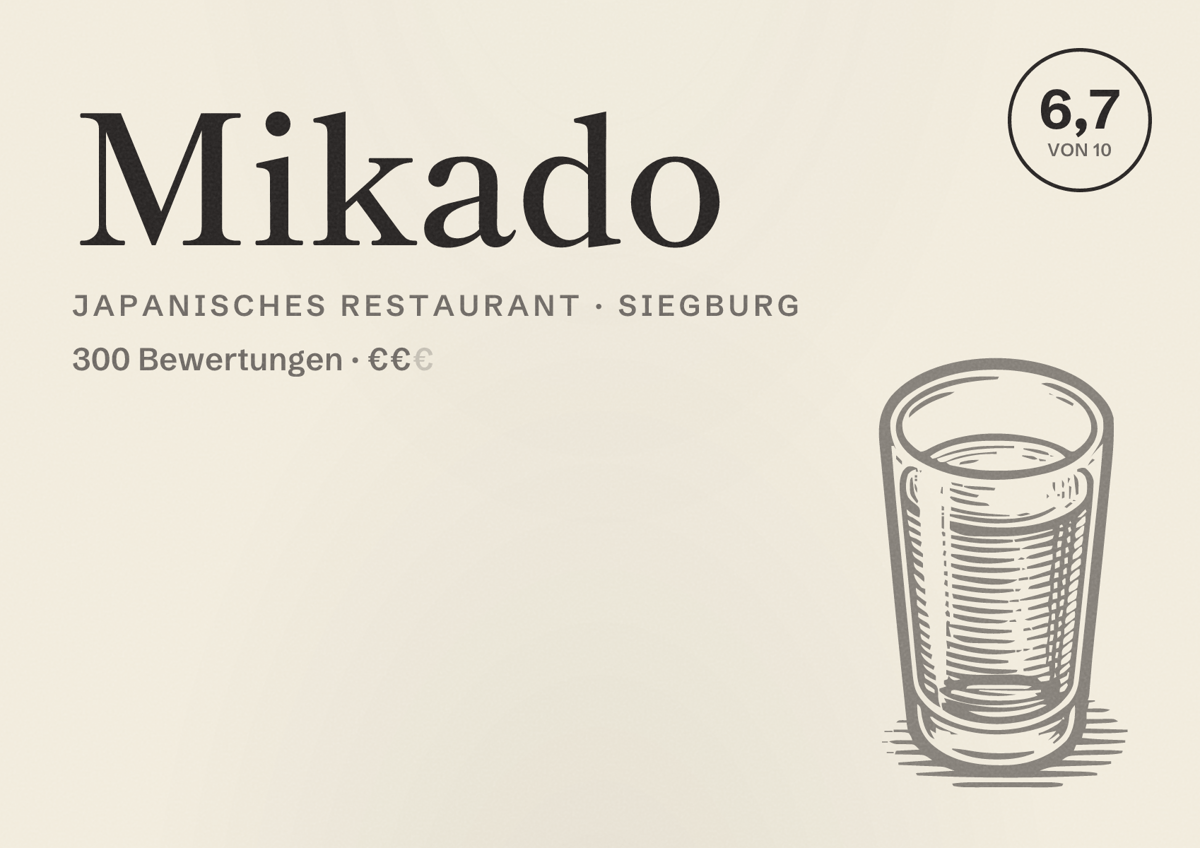 Illustriertes Poster von Mikado, Japanisches Restaurant in Siegburg: Bewertung 6,7 von 10 aus 300 Bewertungen, Preisniveau €€