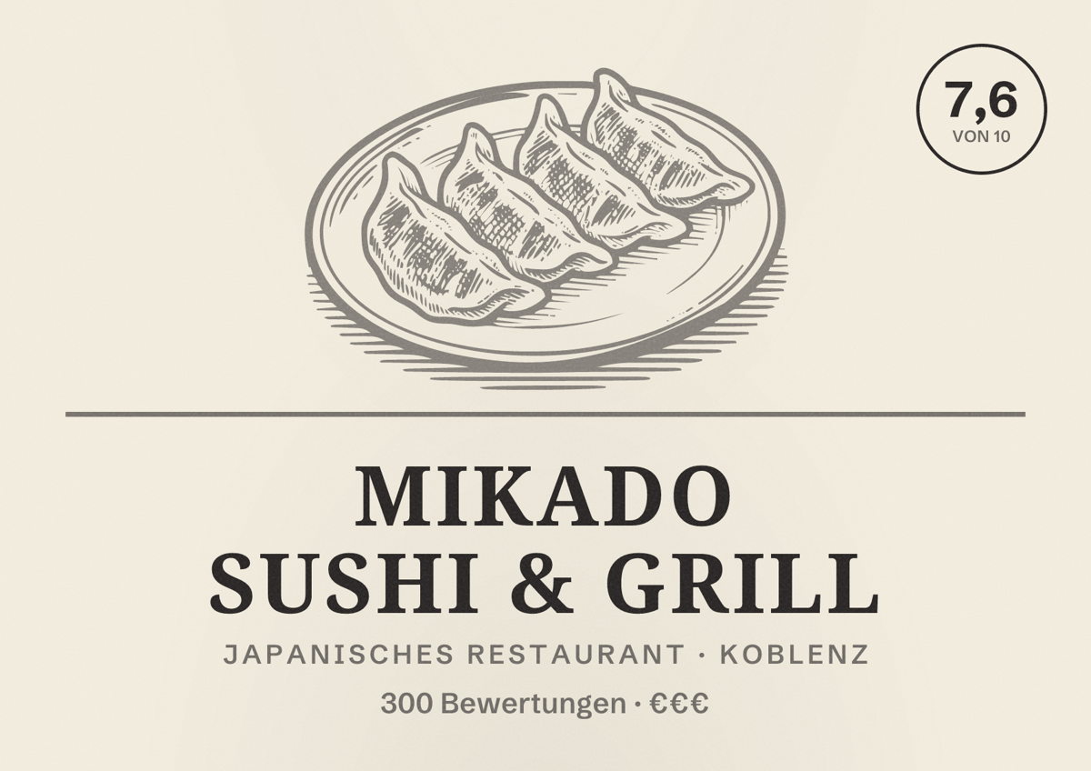 Illustriertes Poster von Mikado Sushi & Grill, Japanisches Restaurant in Koblenz: Bewertung 7,6 von 10 aus 300 Bewertungen, Preisniveau €€€