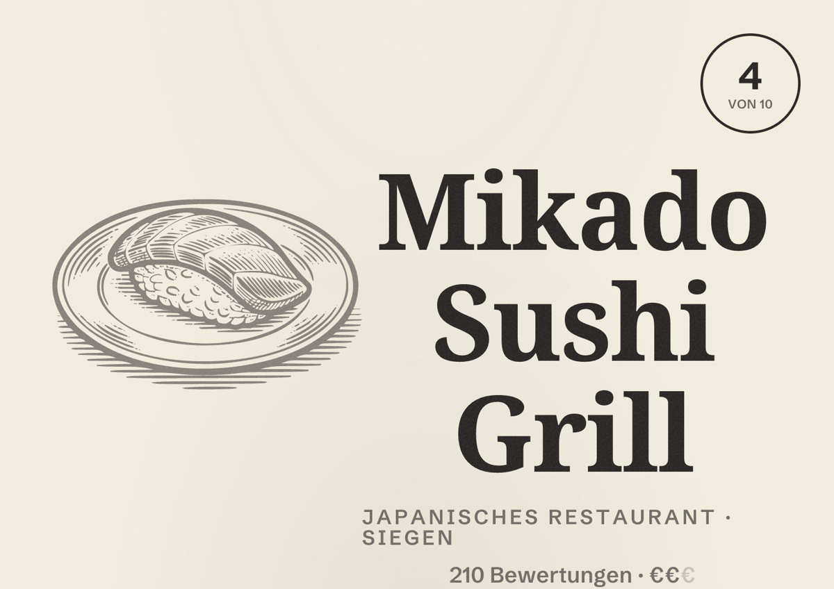 Illustriertes Poster von Mikado Sushi Grill, Japanisches Restaurant in Siegen: Bewertung 4 von 10 aus 210 Bewertungen, Preisniveau €€