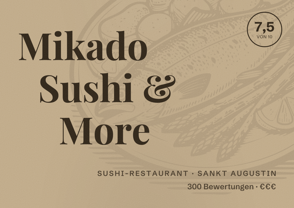 Illustriertes Poster von Mikado Sushi & More, Sushi-Restaurant in Sankt Augustin: Bewertung 7,5 von 10 aus 300 Bewertungen, Preisniveau €€€