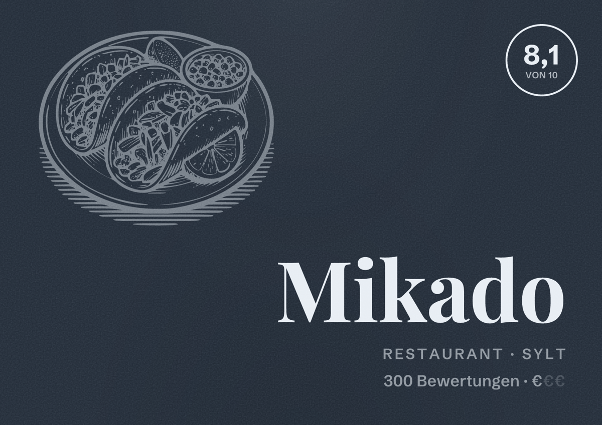 Illustriertes Poster von Mikado, Restaurant in Sylt: Bewertung 8,1 von 10 aus 300 Bewertungen, Preisniveau €