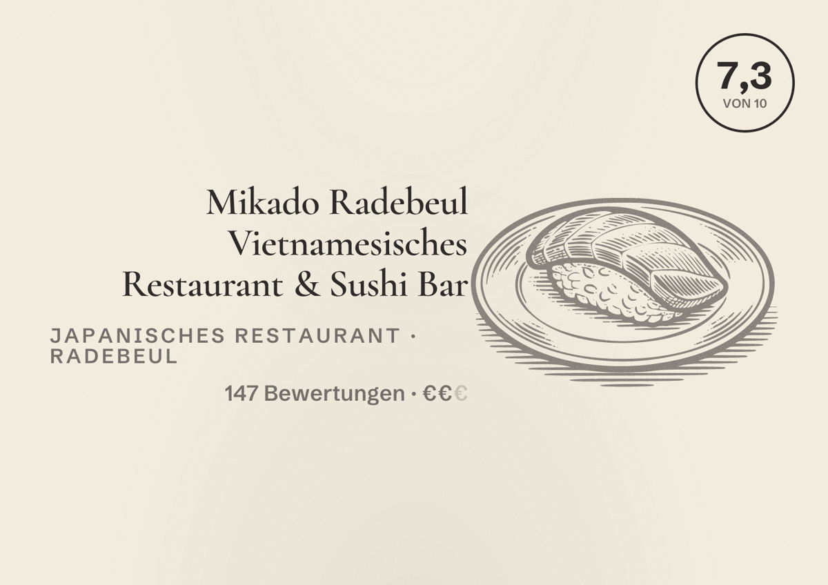 Illustriertes Poster von Mikado Radebeul Vietnamesisches Restaurant & Sushi Bar, Japanisches Restaurant in Radebeul: Bewertung 7,3 von 10 aus 147 Bewertungen, Preisniveau €€